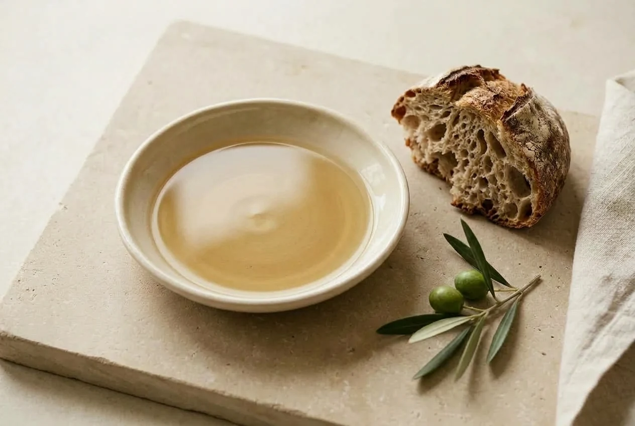 Блюдце оливкового масла, хлеб с хрустящей коркой и веточка с зелёными оливками на светлом камне